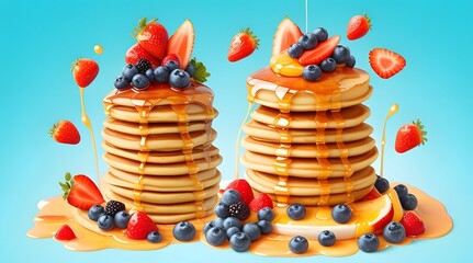 A mouthwatering stack of golden pancakes drizzled with syrup, topped with fresh berries and fruit, against a bright blue background.