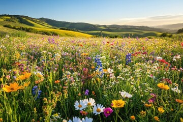 Obraz premium Vibrant wildflowers bloom in a lush meadow, set against a backdrop of rolling green hills under a clear sky.