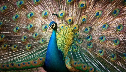 Obraz premium A peacock with its tail fully fanned out, displaying brilliant feather colors