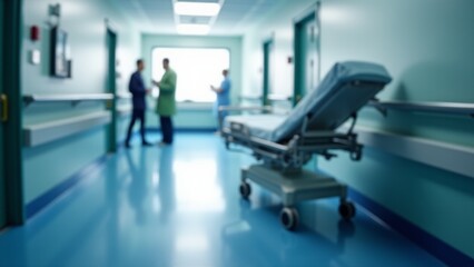 Fototapeta premium Blurred Hospital Corridor With Doctors, Gurney