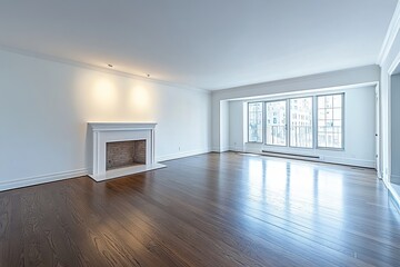 Fototapeta premium A bright living room with a fireplace and large windows showcasing an exterior urban cityscape view