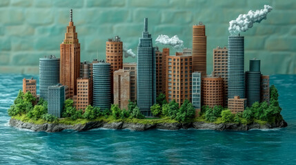 Obraz premium Cityscape Island: Metropolis Rising from Sea, with Towering Structures and Verdant Foliage