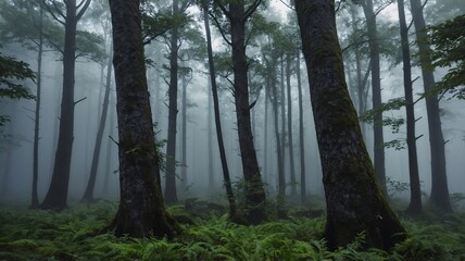 Fototapeta premium A serene, misty forest scene showcasing tall trees amidst lush ferns, creating a tranquil and mysterious atmosphere.