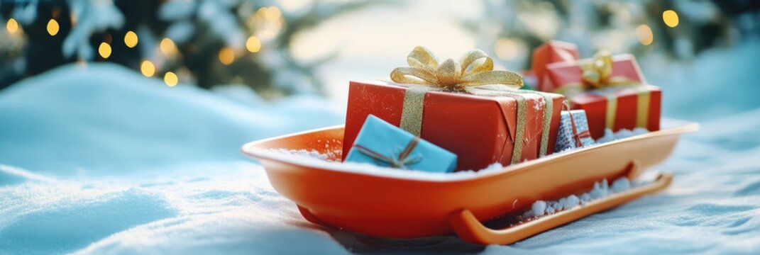 A sled full of presents is sitting on a snowy hill. The presents are wrapped in red and gold ribbons, and there are a total of six of them. The scene is festive and joyful