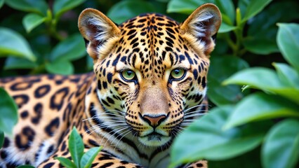 Fototapeta premium Majestic Leopard Resting Among Green Leaves, Close-Up of Wild Cat with Distinctive Spots and Intense Green Eyes in Natural Habitat