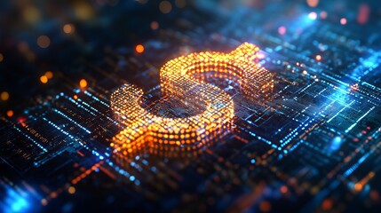 Glowing dollar sign on a circuit board representing digital finance and technology concept art