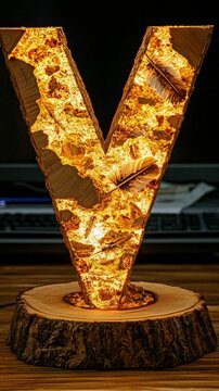 Illuminated Wooden Letter V Lamp with Embedded