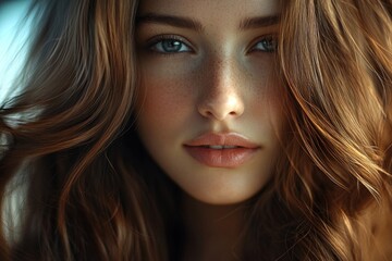 A woman showcases her long, shiny brown hair and enchanting eyes, with soft natural light enhancing her features and warm complexion