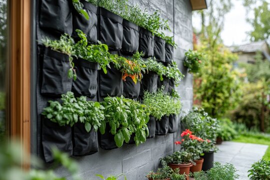 A black wall mounted with numerous planters showcases an array of vibrant herbs and plants, ideal for gardening in limited spaces