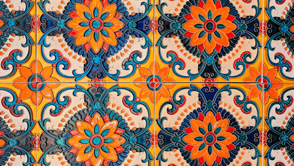 Traditional Portuguese Azulejo Tile Pattern in Blue, Yellow and Orange Colors