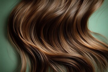 Naklejka premium Close-up view of silky long brown hair cascading gently, highlighting its natural shine and texture against a muted green background