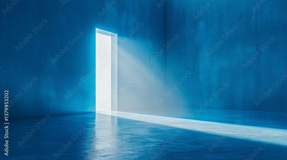 Poster a luminous door stands ajar against a calming blue backdrop, casting rays of light that create a tra