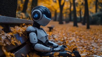 Robot sits thoughtfully on a park bench covered in golden fall leaves