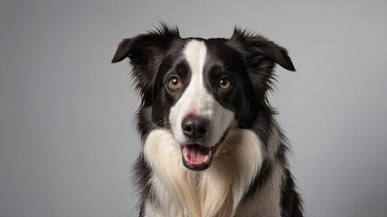 Fototapeta premium A friendly black and white Border Collie with expressive eyes, showcasing its playful personality against a neutral background.