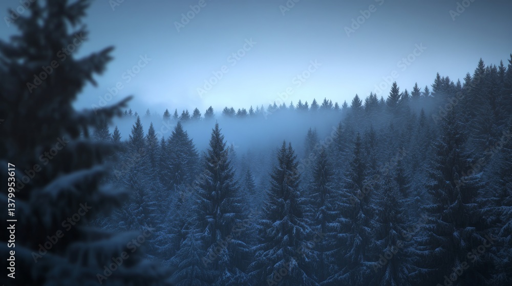 Poster a snowy forest landscape is illuminated by a moonlit sky, with fir branches covered in frost enhanci