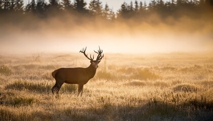 Obraz premium Majestic deer with large antlers in clearing at early morning