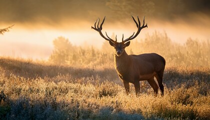Obraz premium Majestic deer with large antlers in a clearing at early morning, mist rising