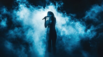 A female singer performs on a stage surrounded by blue smoke