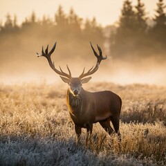 Obraz premium Majestic deer with large antlers in a clearing at early morning, mist rising