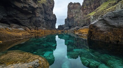 A peaceful natural environment features a calm water pool reflecting the rocky cliffs and greenery that encircle it. The area's dramatic rock formations create a breathtaking backdrop