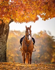 A bay horse with a leather saddle waiting for its rider under an autumn tree
