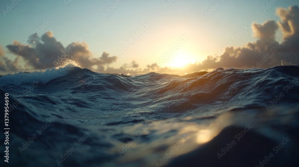 Poster waves energetically collide with rugged rocks as the sun illuminates the scene, creating dynamic sha