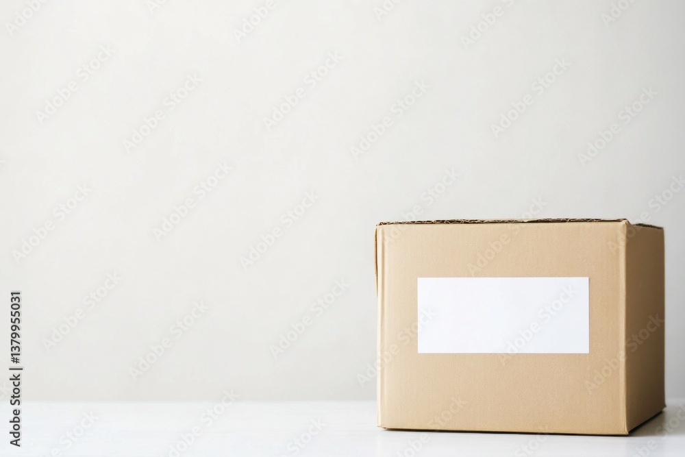 Poster an empty cardboard box rests on a clean table, surrounded by a minimalist environment featuring a pl