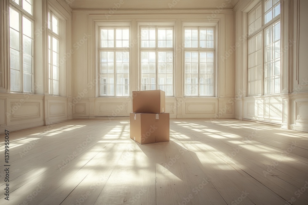 Poster cardboard boxes sit in the center of an empty room, illuminated by sunlight streaming through spacio