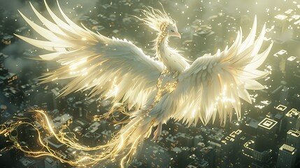 Majestic White Phoenix Soaring Above Cityscape Glowing Feathers Fantasy Bird