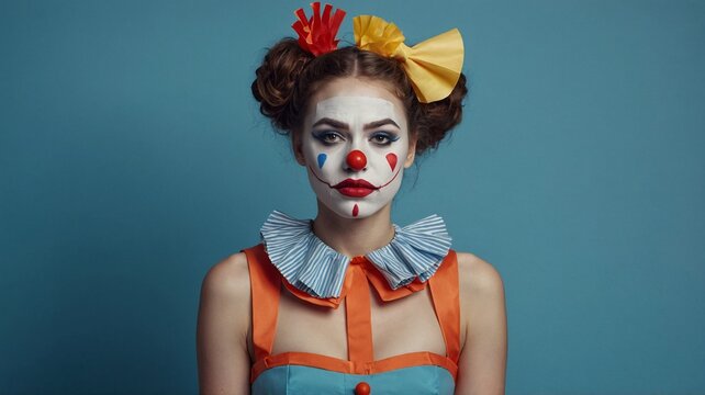 A female clown with colorful pigtails and playful makeup, exuding a charming yet mysterious aura against a blue backdrop.