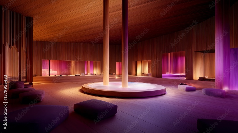 Poster a spacious interior showcases a circular led screen at its center, surrounded by soft ambient lighti
