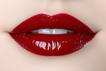 Obraz premium A close-up of a model lips painted a deep, glossy red