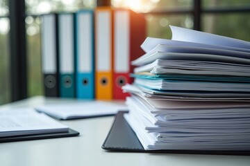 Efficient Compliance: An Organized Desk with Labeled Folders, Files, and Binders in a Business Office