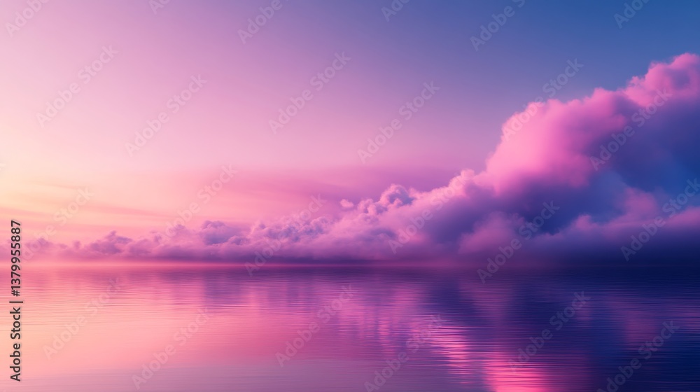 Poster glowing purple clouds drift gracefully over a calm lake, reflecting soft gradients of pink and indig