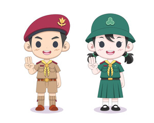Cute style Thai boy scout and girl scout cartoon illustration