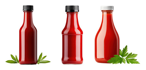 Assorted ketchup bottles with fresh herbs on a black background