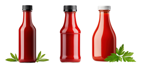Assorted ketchup bottles with fresh herbs on a black background