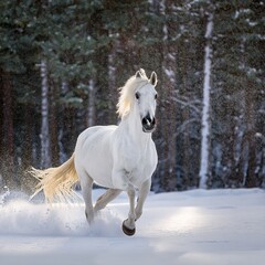 White horse galloping through the snow in a winter forest, snowflakes falling
