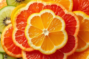 Close-up of vibrant and fresh fruit slices arranged in a spiral pattern: perfect summer snack