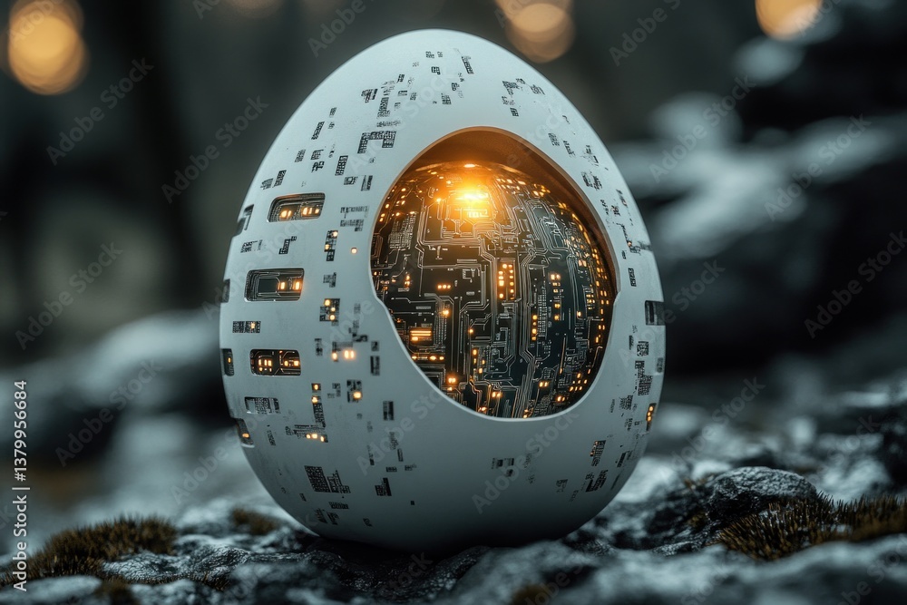 Poster a white egg features a detailed circuit board pattern, glowing softly in a dim, enchanting setting f