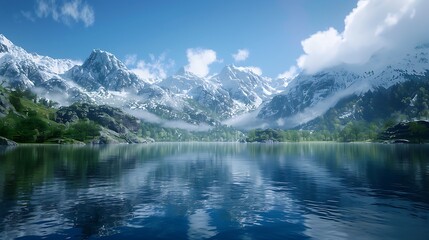 Serene Mountain Lake Landscape Breathtaking View of Snow capped Peaks Reflecting in Calm Water
