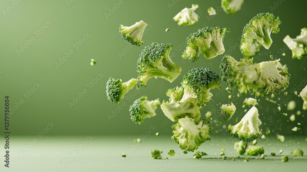 Poster chopped green broccoli pieces float through the air, showcasing their fresh color and texture agains