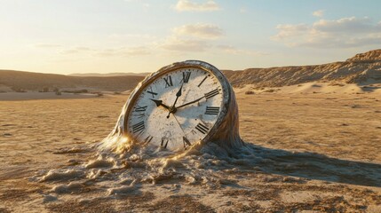 Melting clock in a surreal landscape
