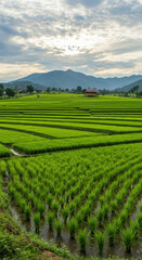The sun peeks through the clouds over vibrant green rice terraces, a tranquil landscape.