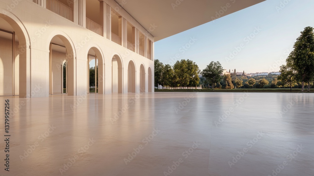 Poster white arches stretch across the frame against a serene blue sky, showcasing minimalism and clean lin