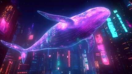 Futuristic whale in a neon cityscape