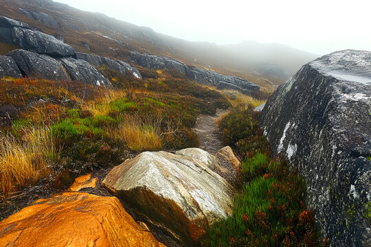 A breathtaking autumn landscape in the mountains, with fog gently covering the scenery during the early morning. The vibrant autumn colors contrast with the soft, misty atmosphere for a serene and mys