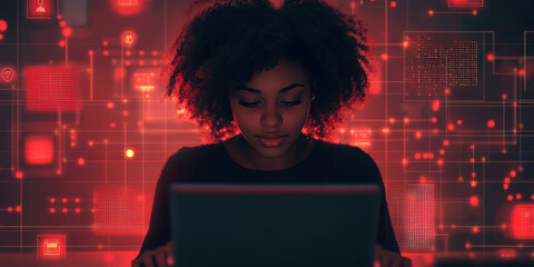 Woman with afro working on a laptop in front of a red digital interface with glowing icons and lines