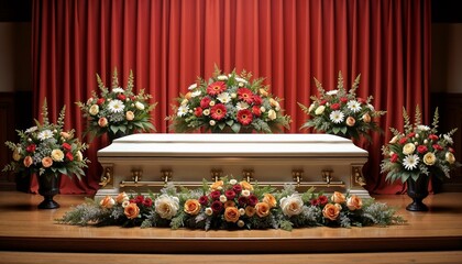 Floral tribute arrangement on a casket surrounded by decorative flower arrangements and a red backdrop