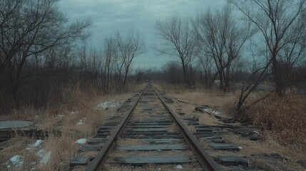 Fototapeta premium A lonely desolate railway track stretches into the misty distance